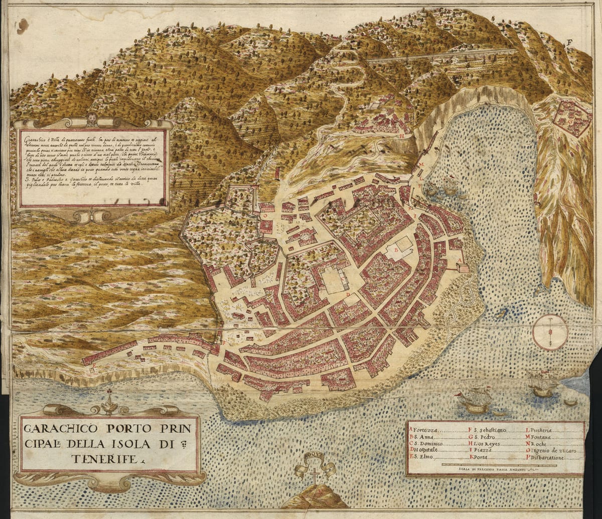 Garachico antes de la erupción de 1706, grabado de Leonardo Torriani (h. 1590)