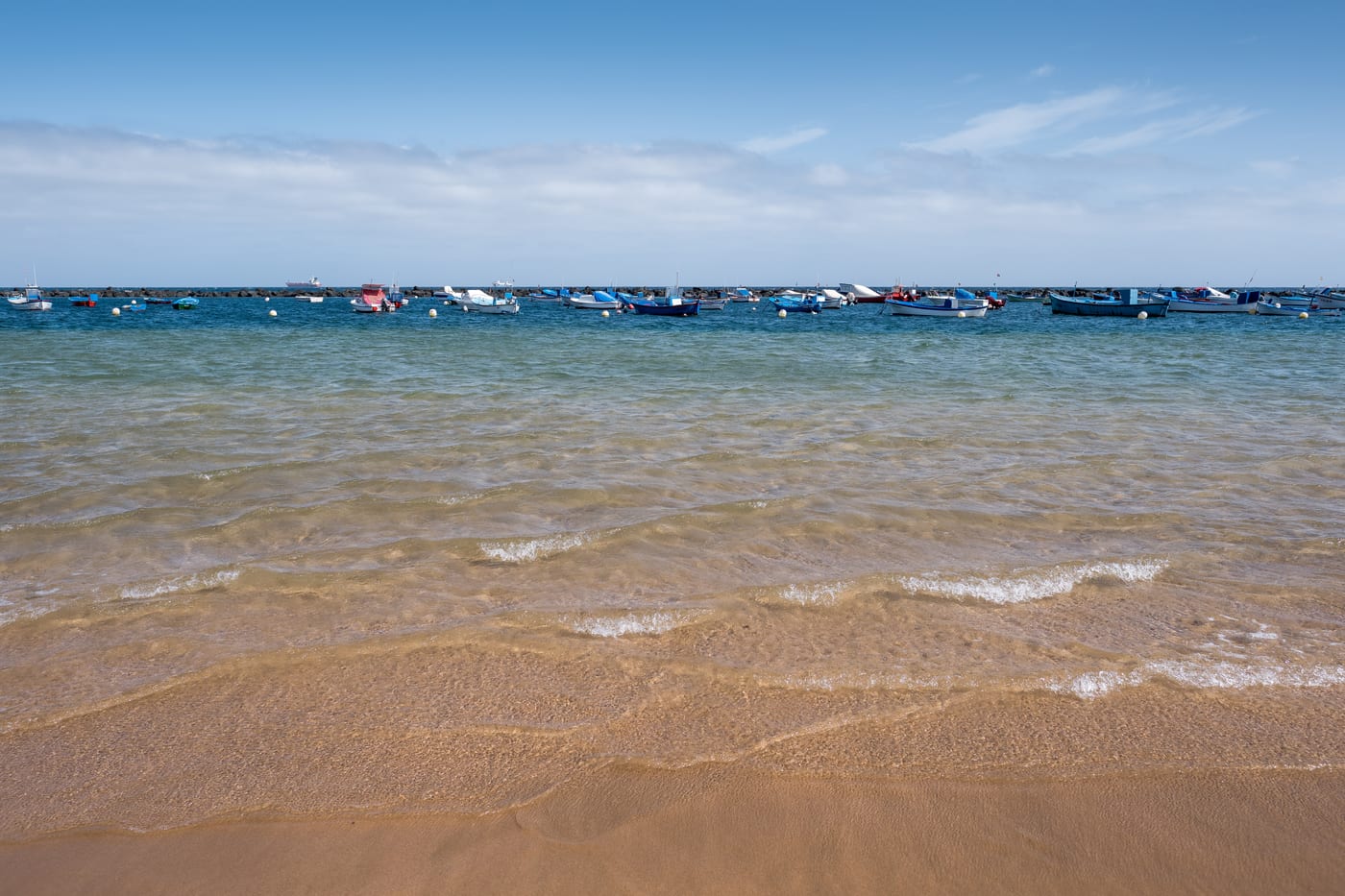 Barcas de pesca fondeadas junto a las palmeras de la Playa de Las Teresitas, Tenerife.