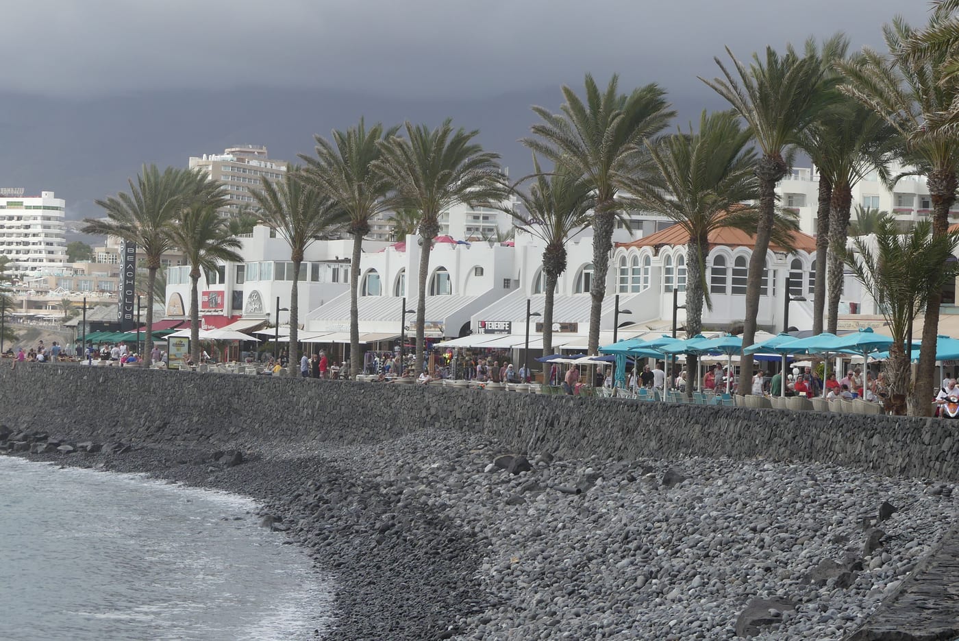 Paseo marítimo de Playa de las Américas, con su animado bulevar de palmeras, comercios y terrazas frente al mar.