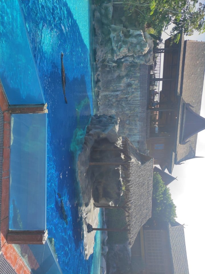 Edificios y pabellones de estilo tailandés junto a las piscinas del Siam Park, Costa Adeje, Tenerife.
